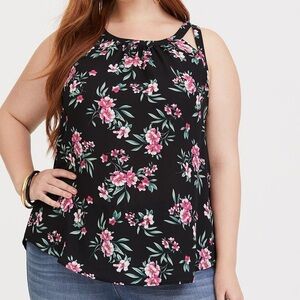 Torrid Black & Pink Floral Georgette with Knit Back Tank Top